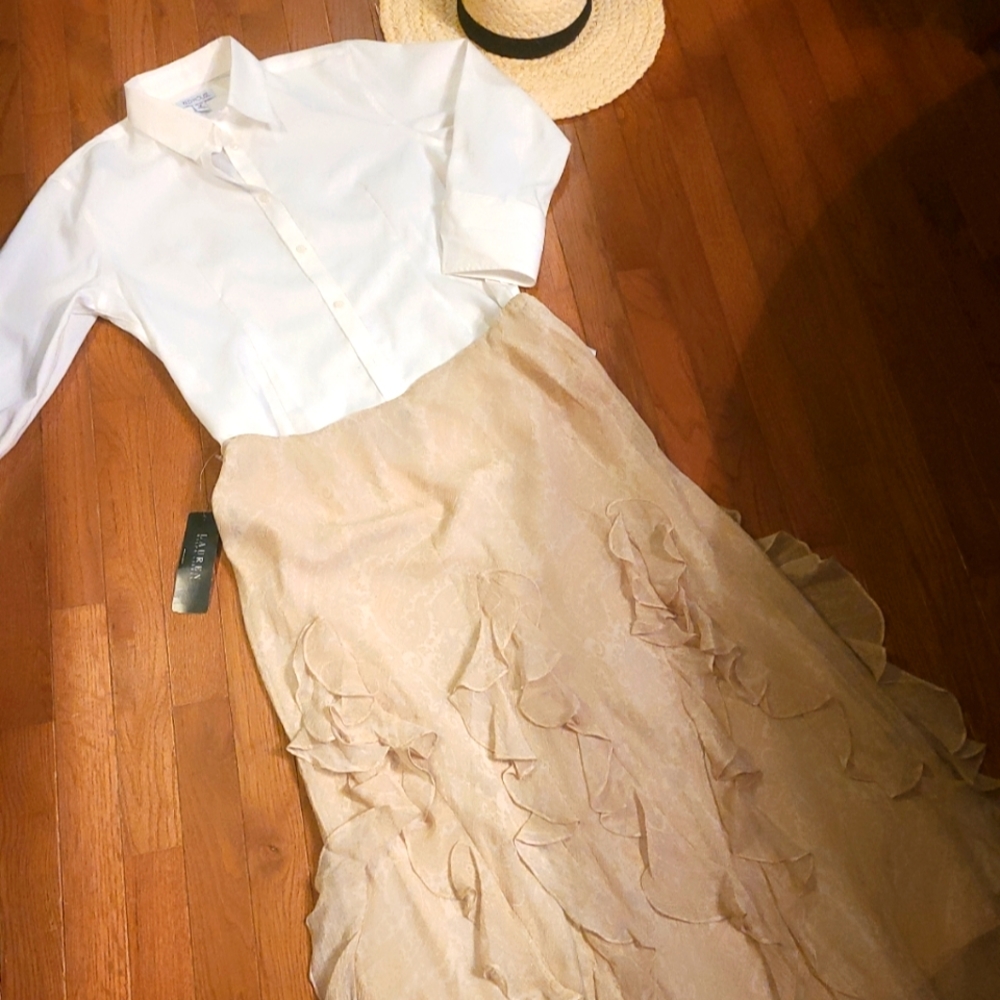 New Ralph Lauren 100% Silk Ruffle Tiered Maxi Long Skirt Large Paisley NWT Cream